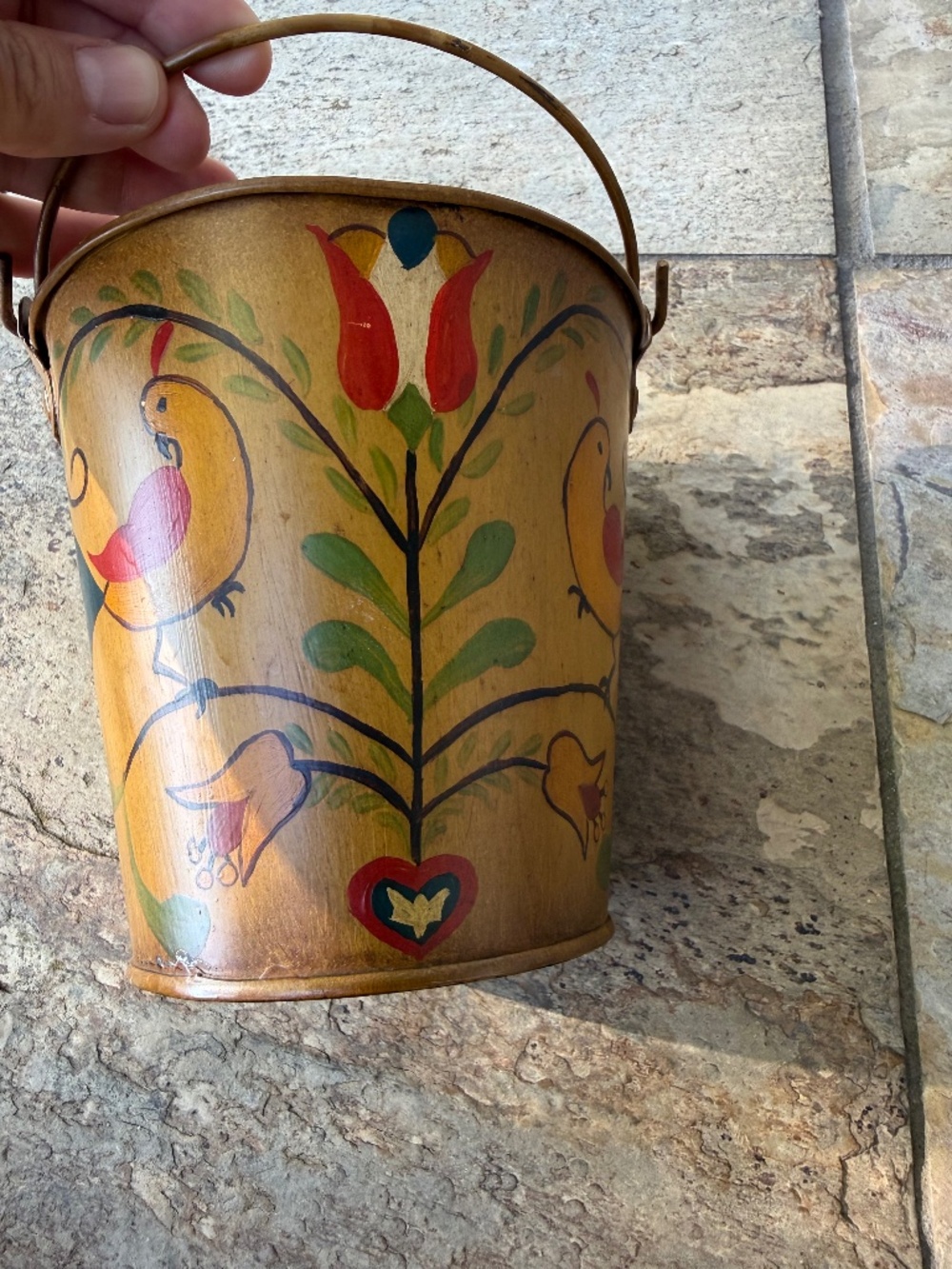 Vintage Hand Painted Folk Art Metal Tole Bucket W/Handle Pail Birds Farmhouse 5”
